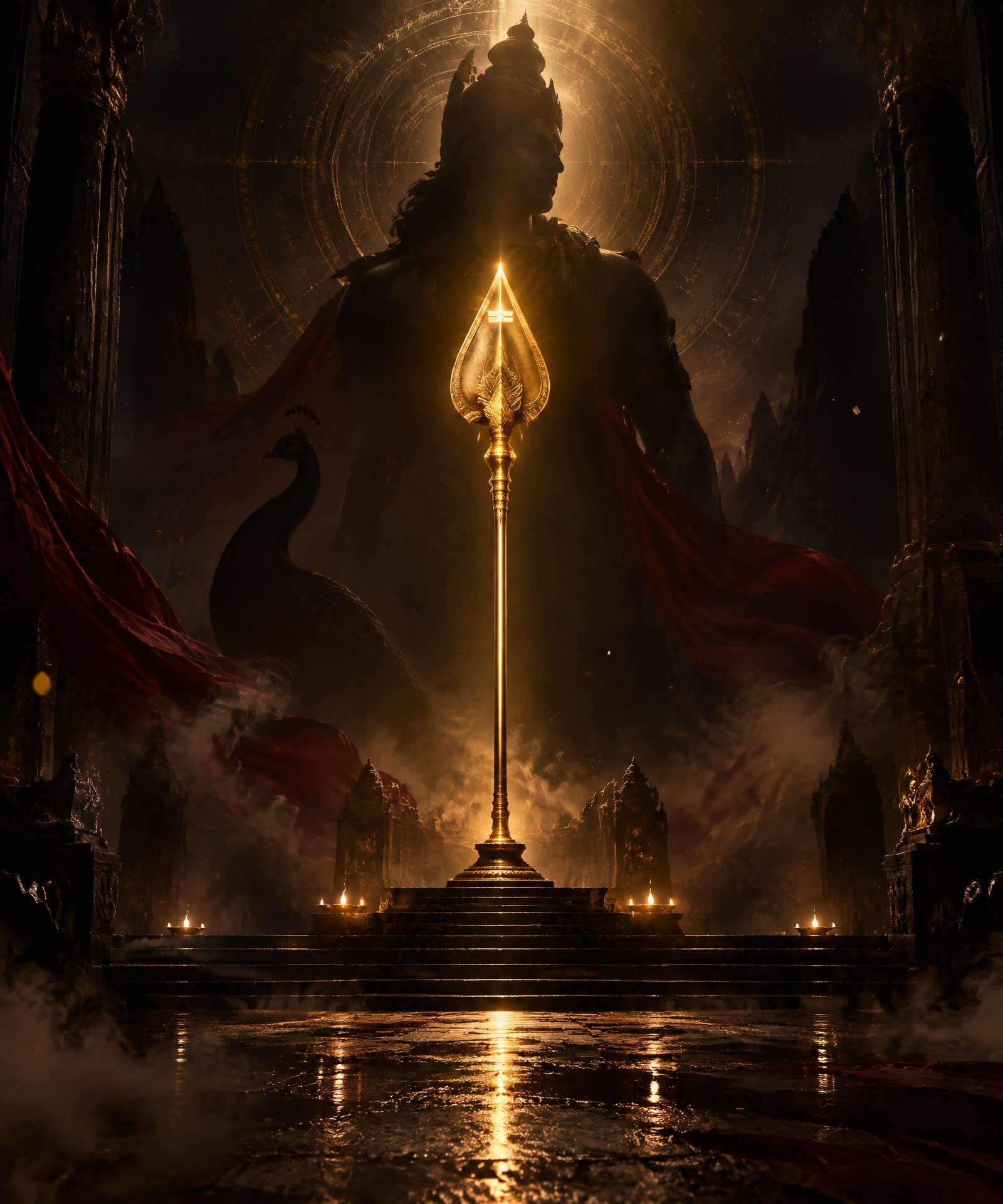 A luminous Vel before a shadowed Murugan-inspired figure
